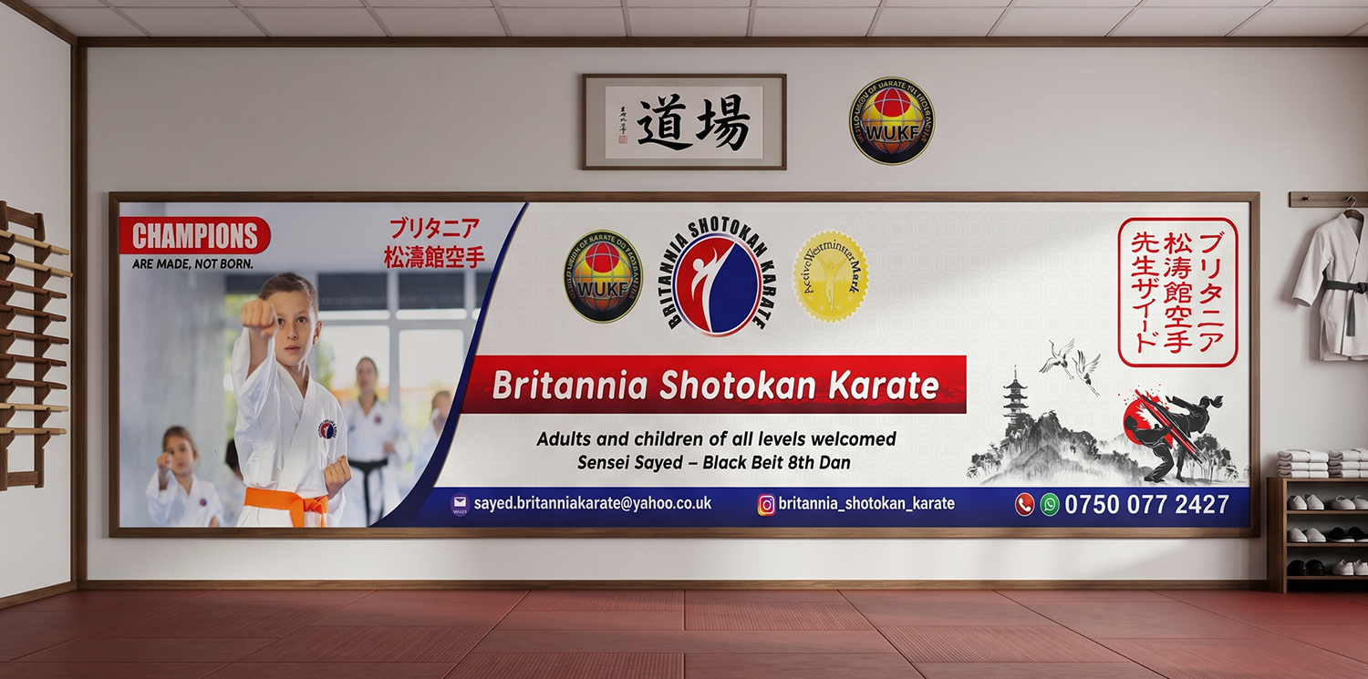 Premium dojo banner design mockup for Britannia Shotokan Karate featuring martial arts branding, modern visual identity, luxury advertising design, Japanese-inspired artwork, and professional karate academy promotional layout