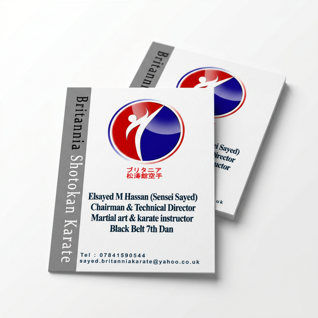 Luxury minimalist business card design mockup for Britannia Shotokan Karate featuring modern logo design, martial arts branding, visual identity, premium corporate identity, and elegant print layout presentation