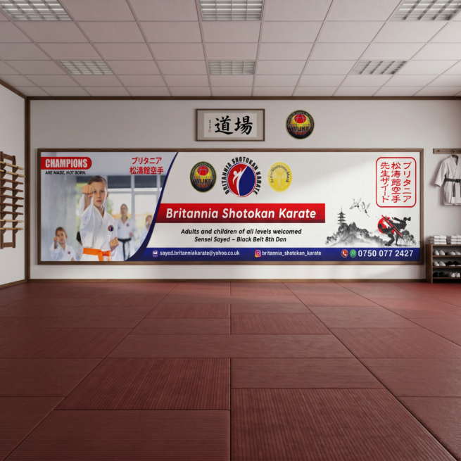 Premium dojo banner design mockup for Britannia Shotokan Karate featuring martial arts branding, modern visual identity, luxury advertising design, Japanese-inspired artwork, and professional karate academy promotional layout