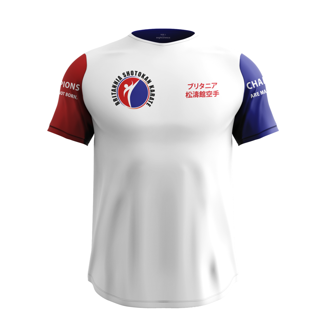 Premium sportswear t shirt mockup for Britannia Shotokan Karate featuring modern martial arts branding, minimalist apparel design, luxury athletic identity, logo branding, and professional sports merchandise presentation