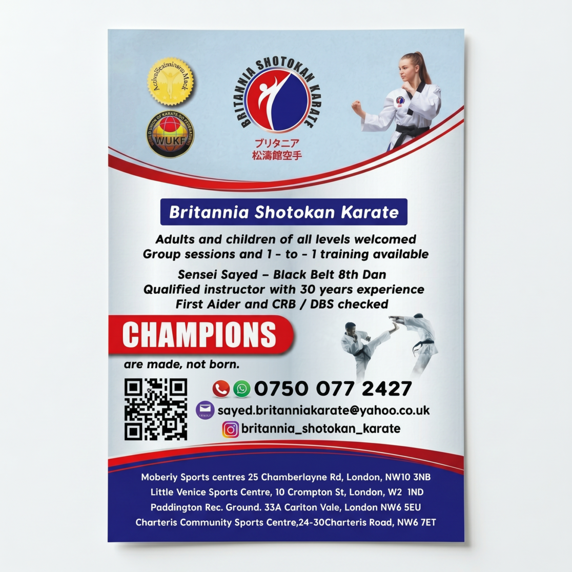 Modern karate training flyer design for Britannia Shotokan Karate featuring premium martial arts branding, professional promotional layout, visual identity design, dojo advertising concept, and elegant sports marketing presentation