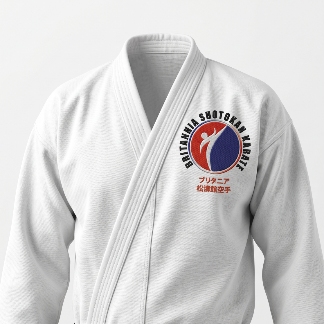 Premium karate uniform mockup for Britannia Shotokan Karate featuring embroidered logo design, martial arts branding, minimalist visual identity, luxury sportswear presentation, and professional dojo apparel branding