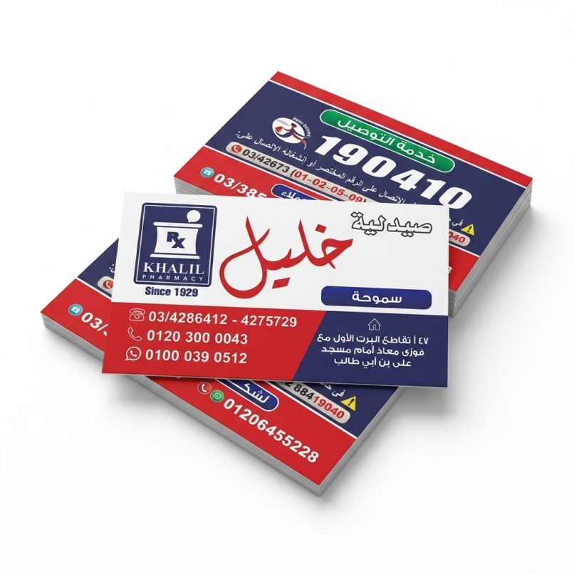 تصميم كارت شخصي احترافي وهوية بصرية لصيدلية خليل - Professional medical business card design and visual identity for Khalil Pharmacy.