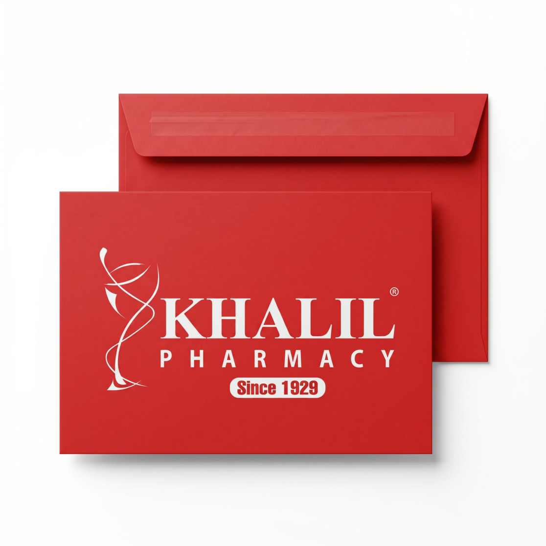 تصميم أظرف مراسلات وهوية بصرية احترافية لصيدلية خليل - Professional corporate envelope design and visual identity for Khalil Pharmacy.