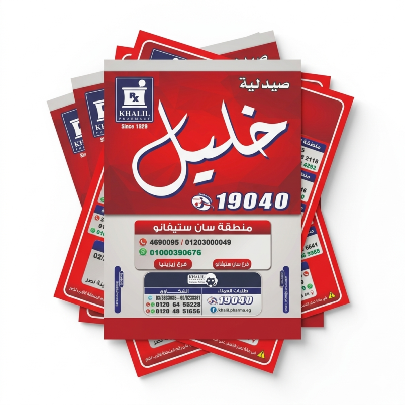 تصميم فلاير إعلاني وهوية بصرية لصيدلية خليل - Professional flyer design and marketing visual identity for Khalil Pharmacy branches.