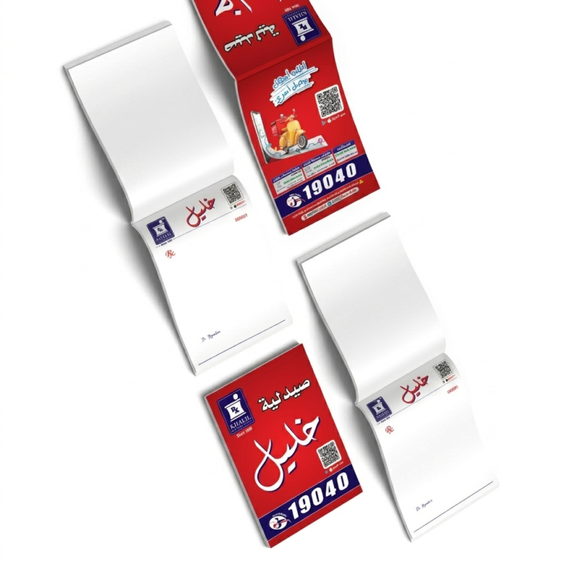 تصميم دفتر رووشتات طبية (Prescription Pad) وهوية بصرية احترافية لصيدلية خليل - Professional medical prescription pad design and corporate stationery for Khalil Pharmacy.