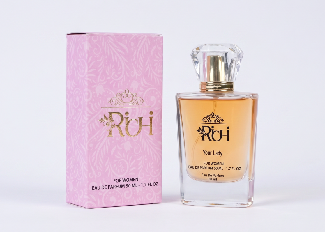 Elegant feminine packaging design and visual identity mockup for Richi women's perfume, displaying a premium glass bottle and a pastel pink box adorned with a sophisticated gold logo design.
