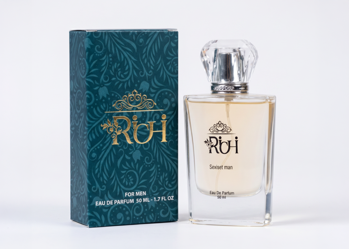 Luxury branding and packaging design for Richi men's perfume, featuring a sophisticated glass bottle alongside an elegant teal box with gold foil logo design, highlighting a refined visual identity.