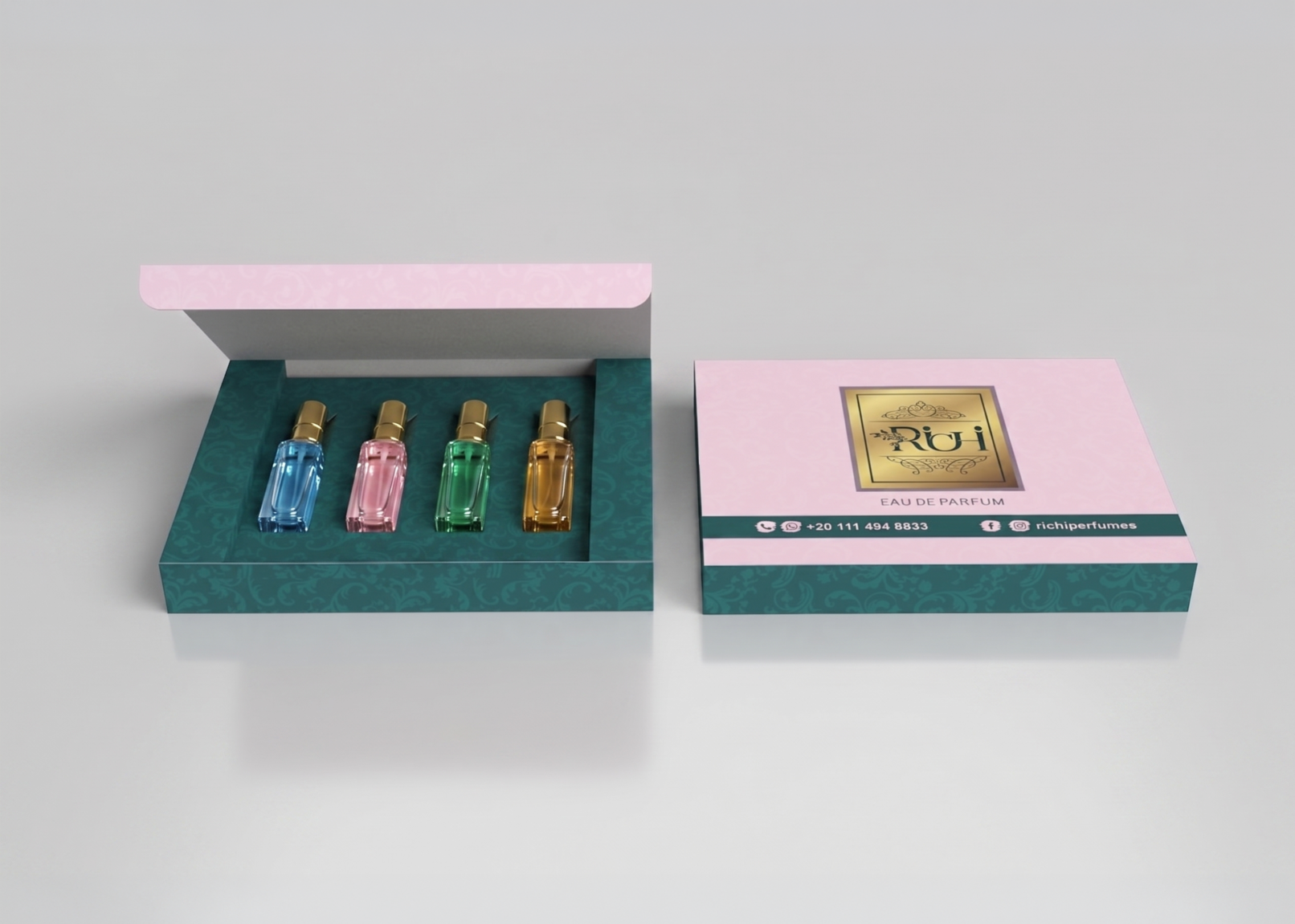 Luxury packaging design mockup for Richi Perfumes featuring an elegant teal and pink gift box with four mini Eau de Parfum bottles, showcasing premium branding and refined visual identity.