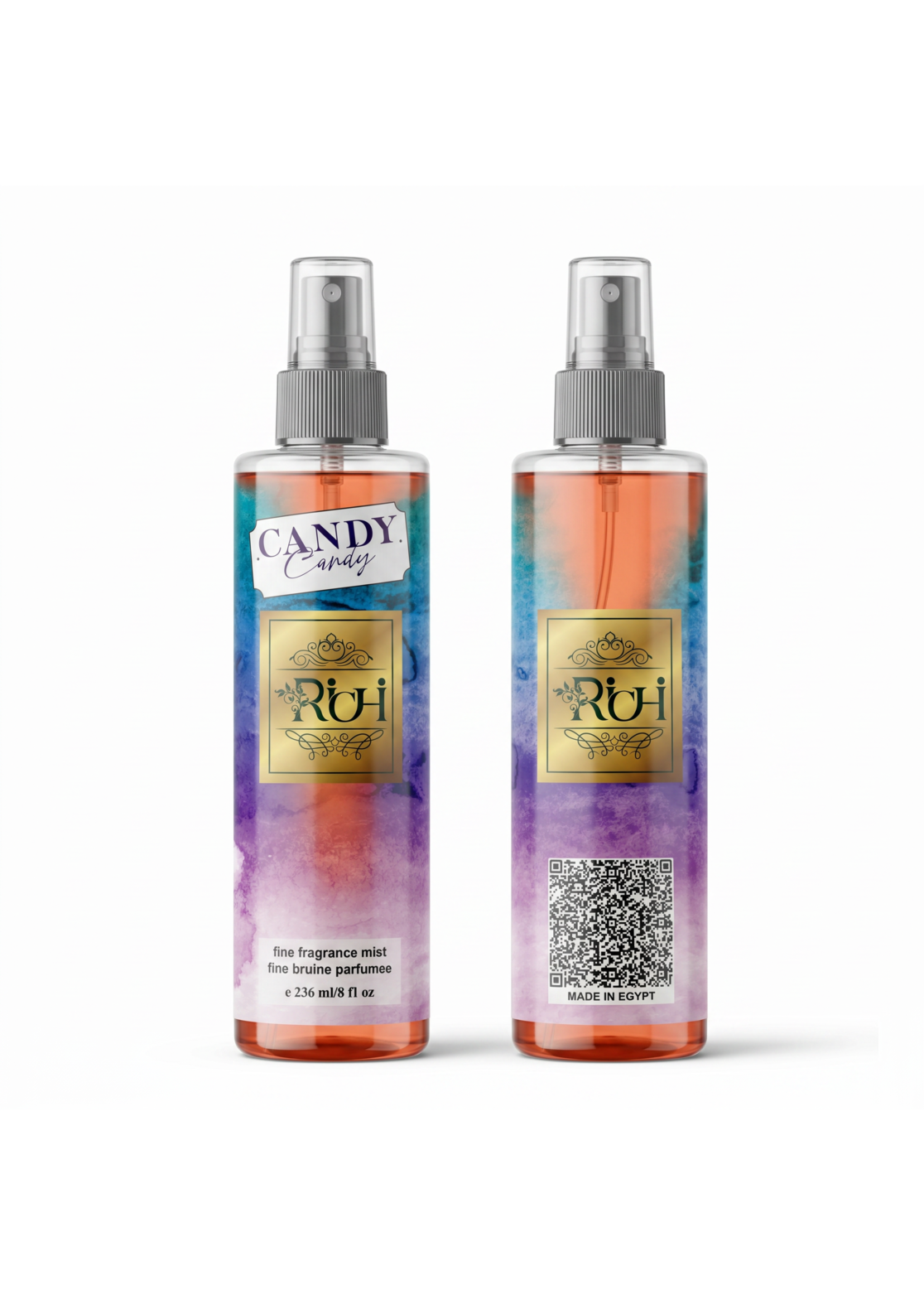 Vibrant packaging design mockup for Richi Candy fine fragrance mist, displaying a colorful watercolor gradient label and elegant gold logo design that highlights a modern corporate identity and premium branding.