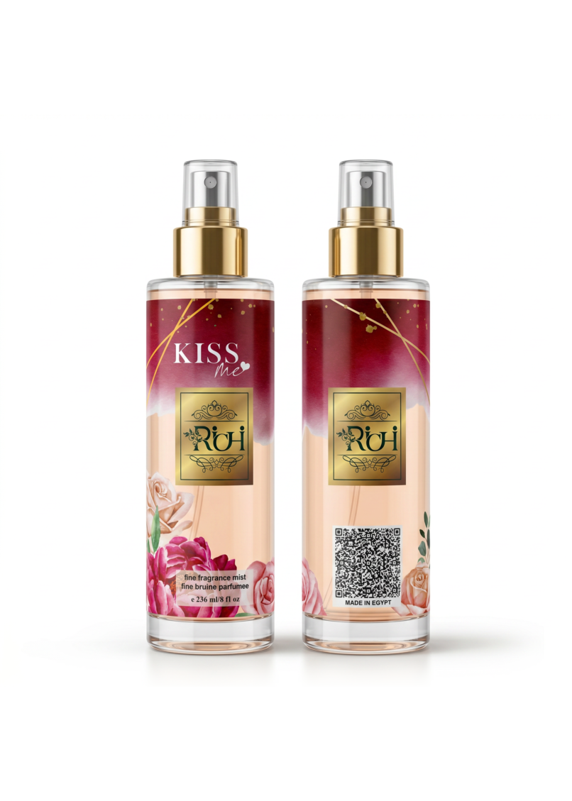 Luxury packaging design mockup for Richi fine fragrance mist, showcasing an elegant clear bottle adorned with vibrant floral illustrations and deep red watercolor accents. This sophisticated branding project highlights a refined visual identity and premium corporate identity through exquisite gold details.