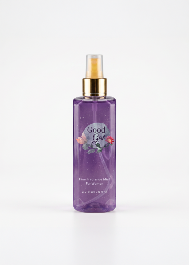 Luxury packaging design mockup for Richi Good Girl fine fragrance mist, showcasing a clear bottle with shimmering purple liquid and elegant floral graphics to highlight a premium visual identity and modern branding.