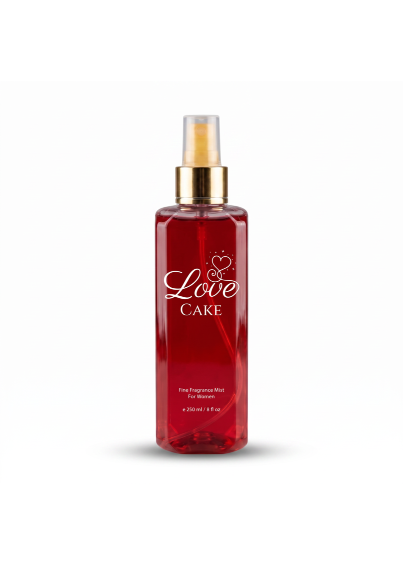 Minimalist packaging design mockup for Richi Love Cake fine fragrance mist, featuring a striking deep red bottle with elegant white typography and a luxurious gold cap, showcasing a premium visual identity and bold branding.