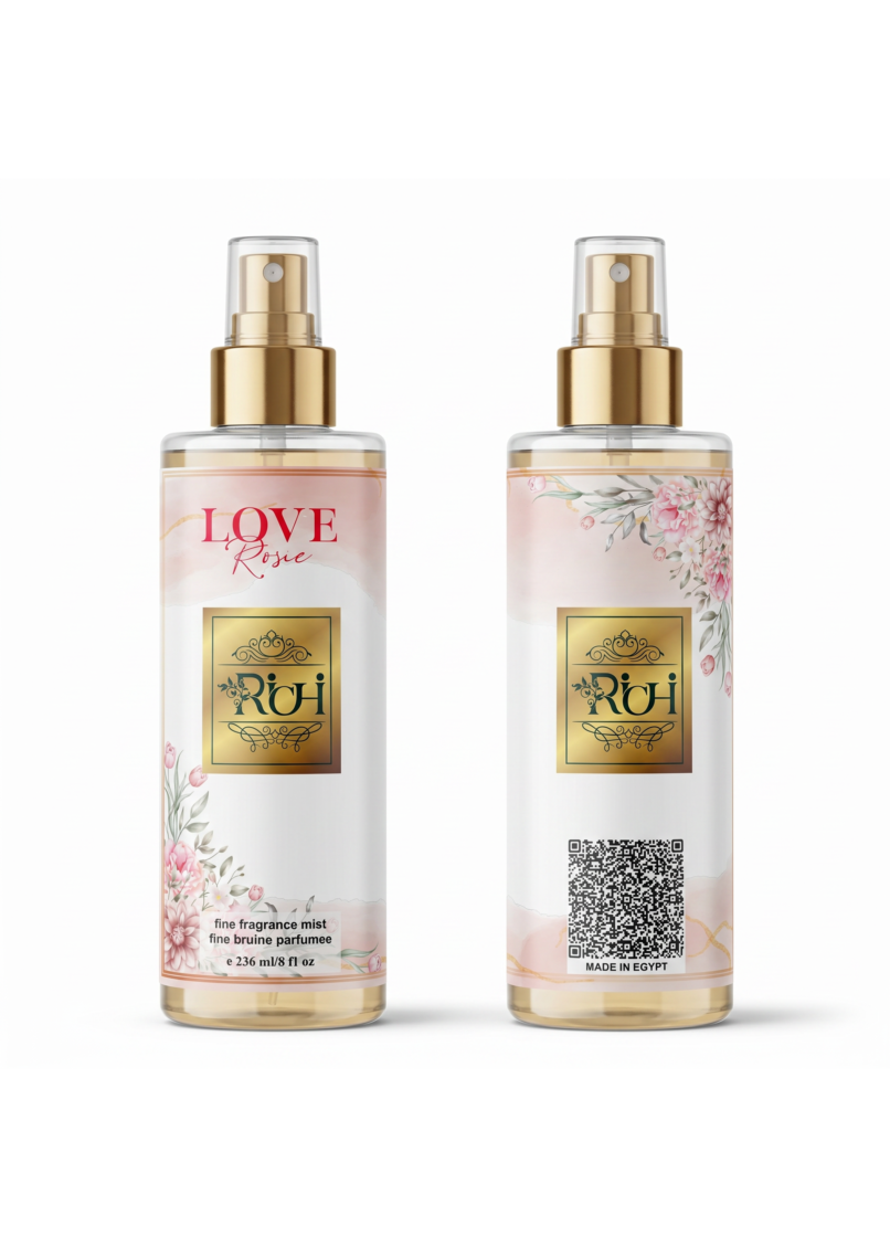 Delicate packaging design mockup for Richi Love Rosie fine fragrance mist, showcasing a feminine visual identity with soft pink watercolor textures, romantic floral illustrations, and premium gold foil branding.
