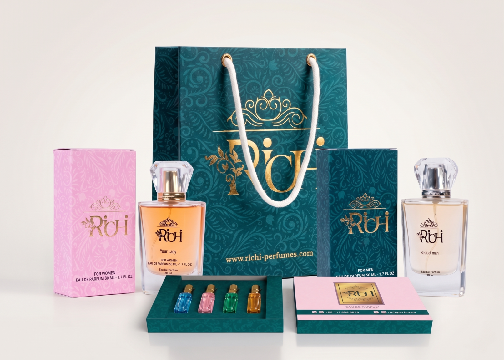 Comprehensive luxury branding and packaging design mockup for Richi perfumes, displaying a complete visual identity including a premium shopping bag, elegant fragrance bottles, and a sophisticated gift set to showcase a cohesive corporate identity.