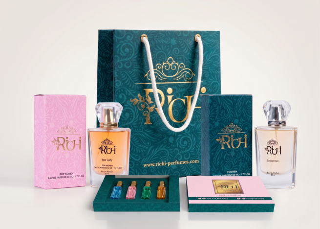 Comprehensive luxury branding and packaging design mockup for Richi perfumes, displaying a complete visual identity including a premium shopping bag, elegant fragrance bottles, and a sophisticated gift set to showcase a cohesive corporate identity.