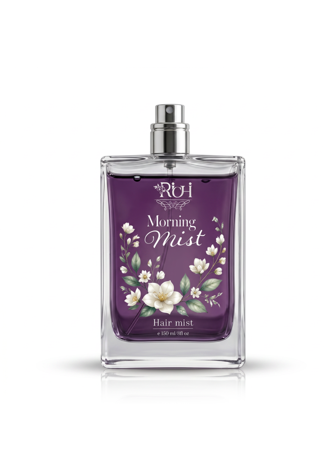 Luxury packaging design mockup for Richi Morning Mist hair product, featuring a premium glass bottle with deep purple liquid, elegant white floral illustrations, and refined typography showcasing a sophisticated visual identity and corporate branding.