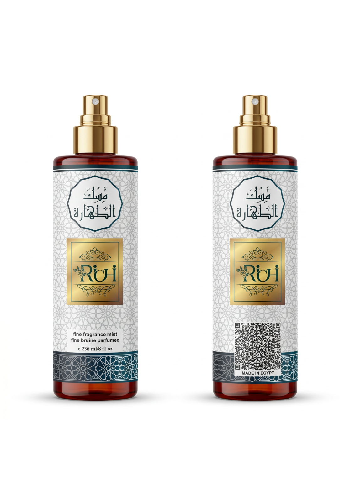Luxury packaging design mockup for Richi fine fragrance mist, showcasing a sophisticated visual identity with intricate arabesque patterns, elegant gold foil branding, and premium amber bottles.