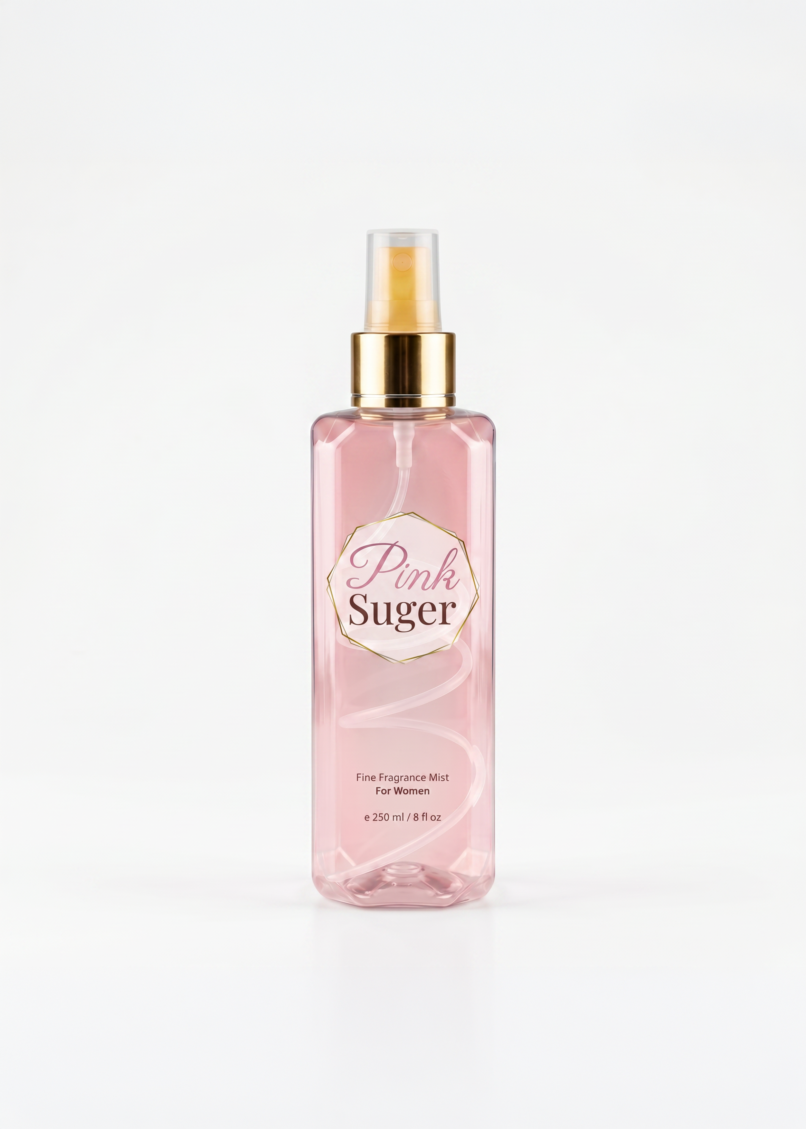 Minimalist packaging design mockup for Richi Pink Suger fine fragrance mist, showcasing an elegant clear bottle with a soft pink hue and gold geometric branding, highlighting a premium visual identity and corporate identity.