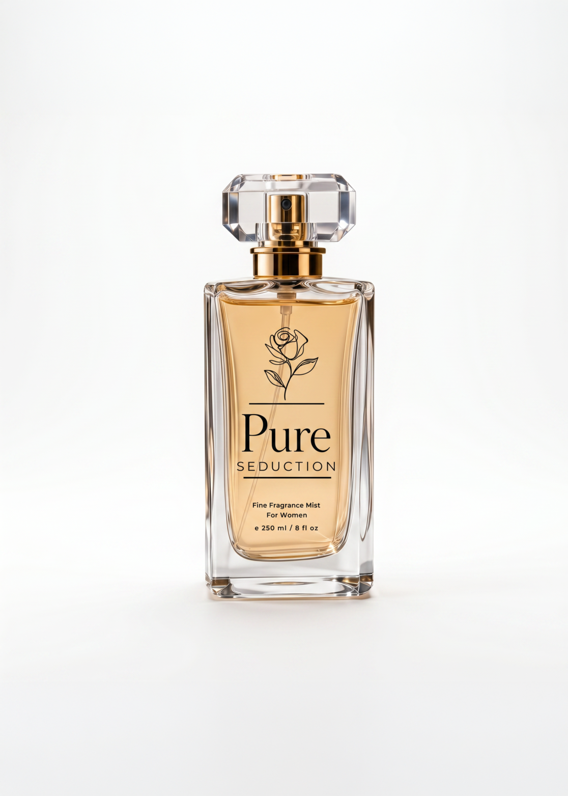 Luxury packaging design mockup for Richi Pure Seduction fine fragrance mist, displaying a minimalist design with an elegant glass bottle, crystal cap, and refined line-art logo, highlighting sophisticated branding and premium visual identity.