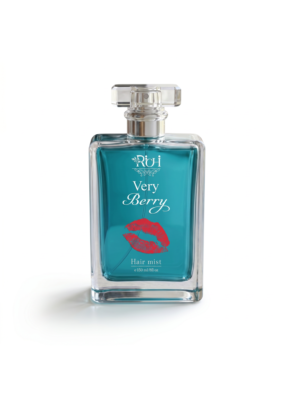 Luxury packaging design mockup for Richi Very Berry hair mist, featuring an elegant glass bottle with vibrant teal liquid, minimalist typography, and a bold red lip graphic, showcasing a modern visual identity and premium branding.