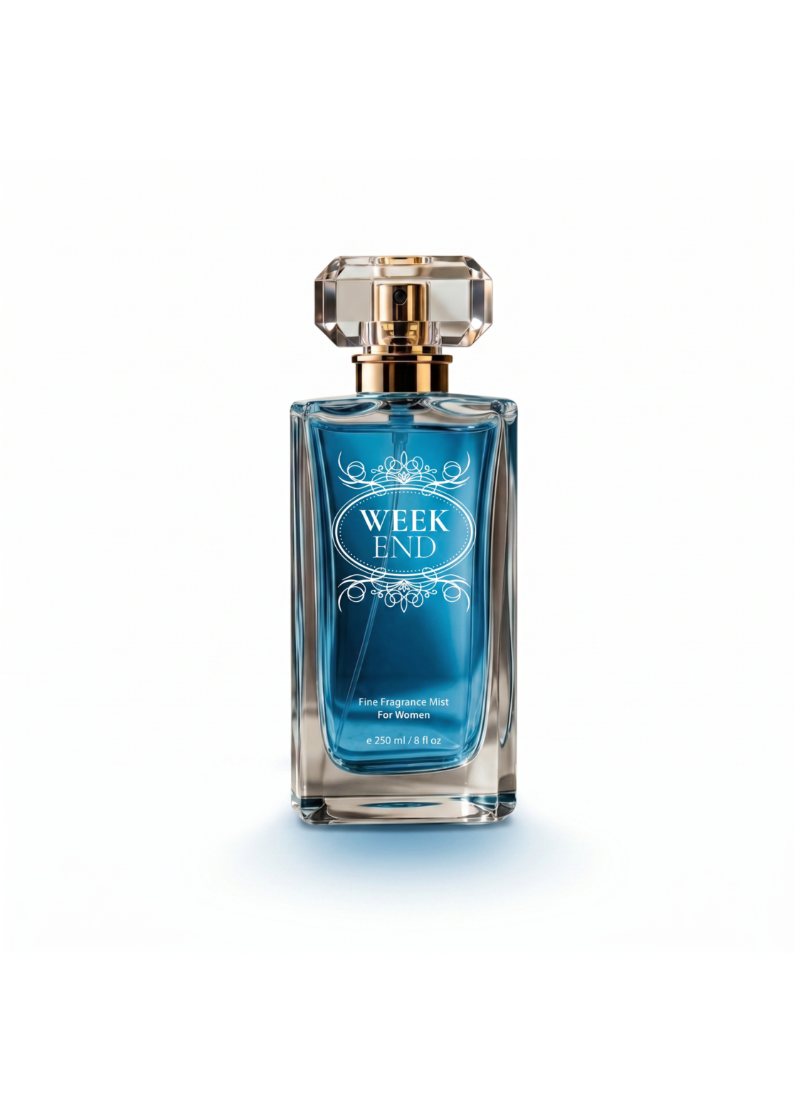 Luxury packaging design mockup for Richi Week End fine fragrance mist, featuring a heavy glass bottle with deep blue liquid and elegant white ornamental graphics, illustrating a premium visual identity and sophisticated corporate branding.