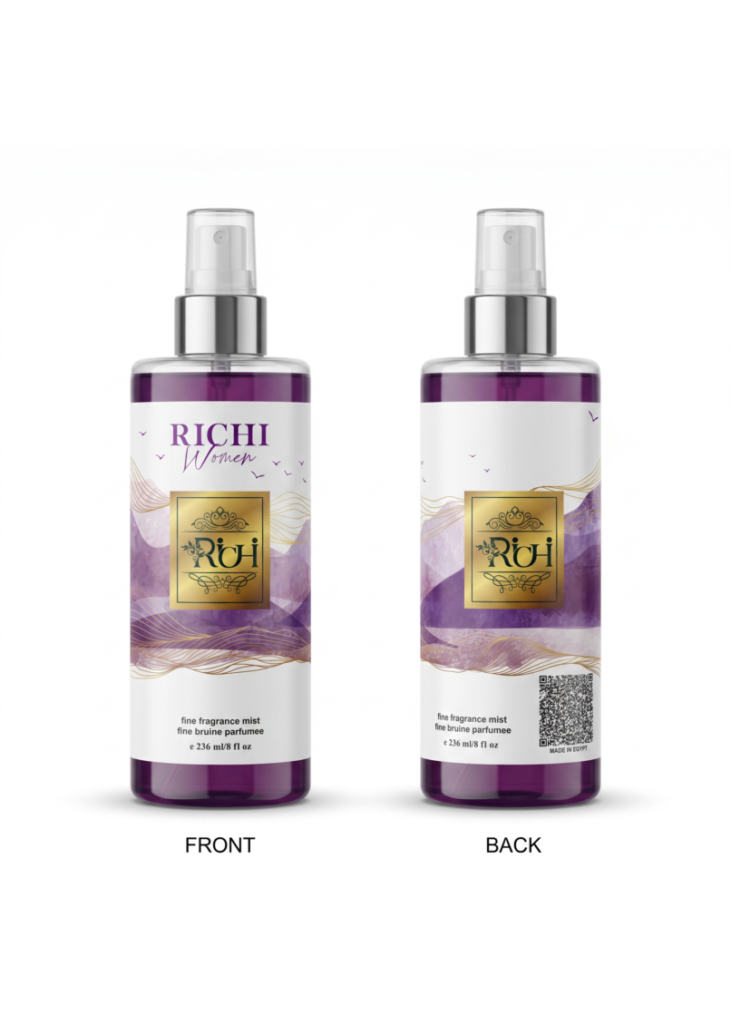 Refined packaging design mockup for Richi Women fine fragrance mist, illustrating an elegant clear bottle with layered purple mountain graphics, fine gold line art, and a sophisticated central gold logo showcasing premium visual identity.
