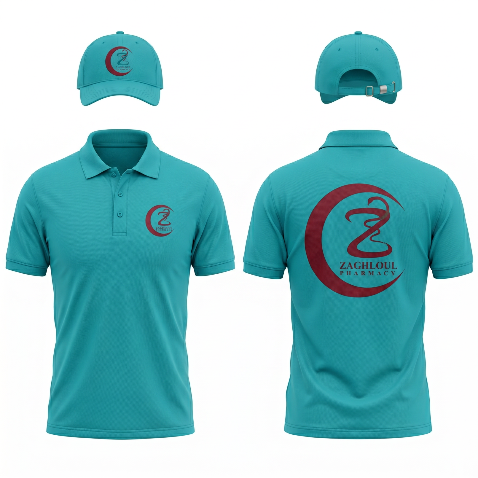 Zaghloul Pharmacy staff uniform design featuring branded polo shirts and caps