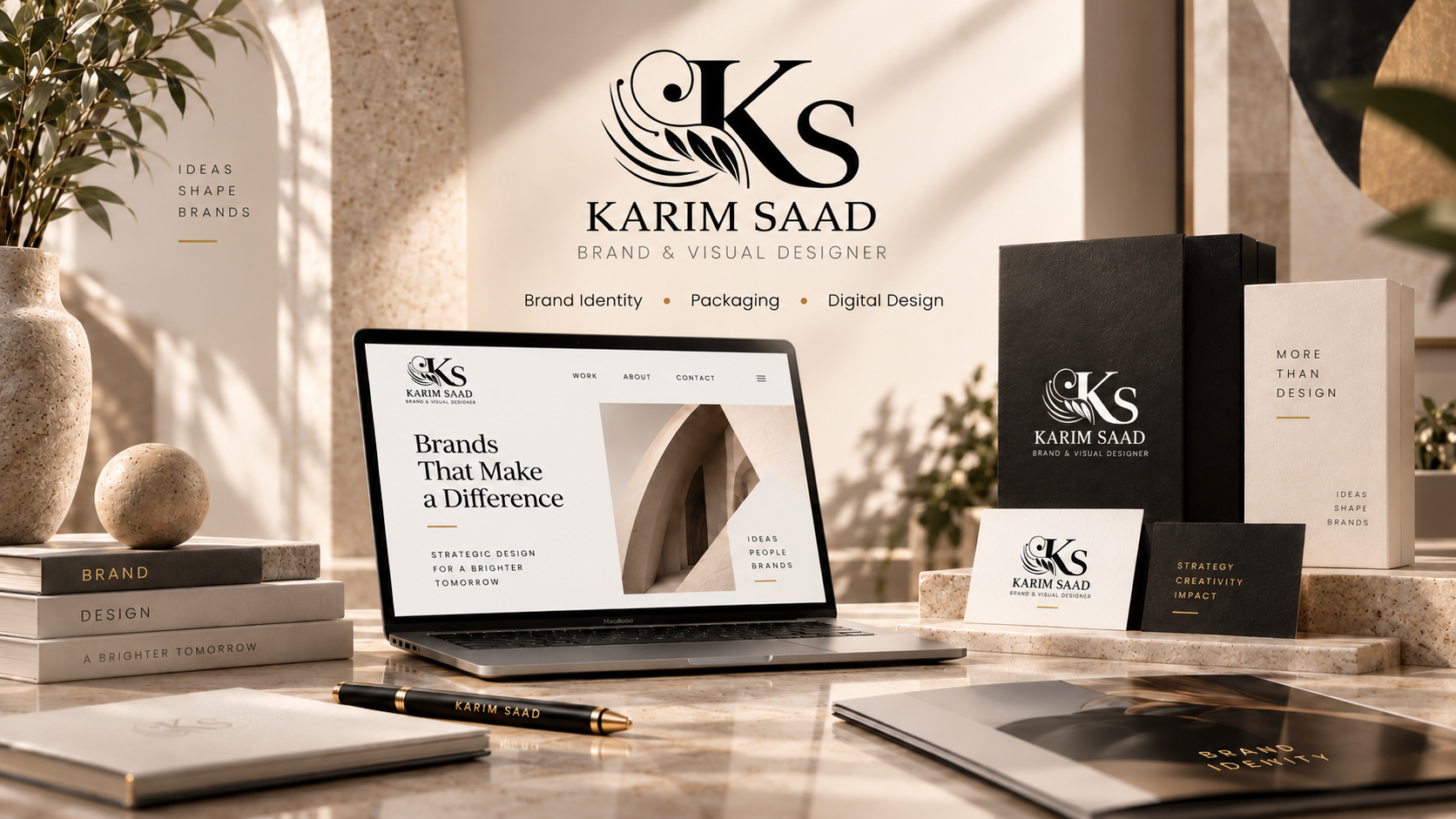 Karim Saad Brand & Visual Designer portfolio showcase featuring brand identity, packaging and website design mockups.